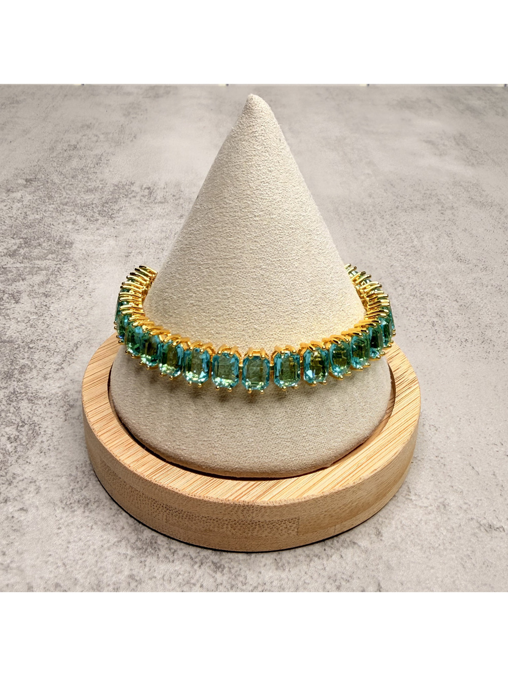 GlassJules Large Aqua Gold Tone Tennis Bracelet - Picture 3 of 4